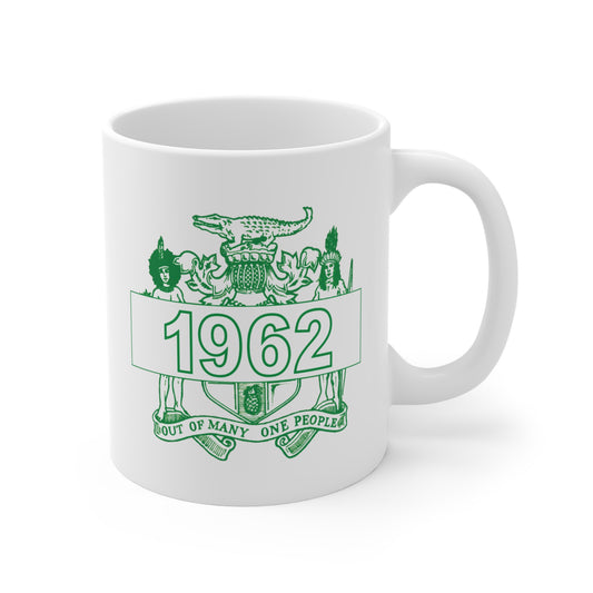 Vintage Jamaica T-Shirts _ 1962 Out of Many one People Jamaica Independence Graphic vintage and retro Jamaica coffee or tea cup online. Jamaican graphic Coffee or Tea Cup gift or souvenir.